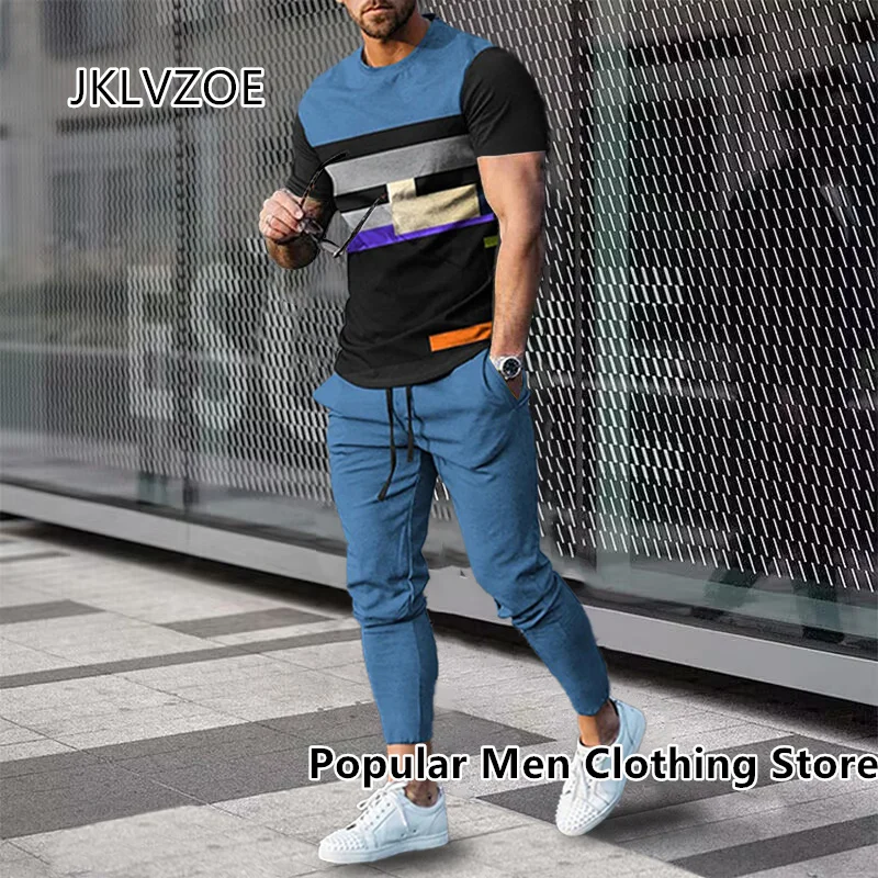 2023 Men Tracksuit Short Sleeve T Shirt+Long Pants 2 Piece Set Oversized Clothes Jogger Sportswear 3D Print Trousers Suit Outfit