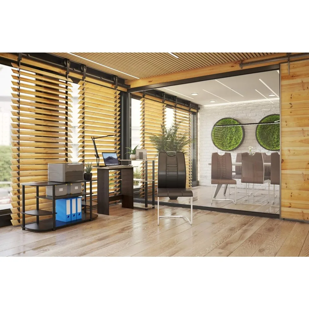 Compact Corner Computer Desk with Bookshelf, French Oak Grey/Black - Space-Saving Design