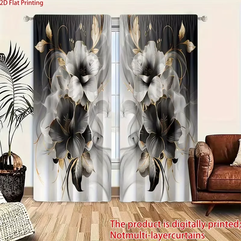 2PC Black White Gold Floral Sheer Curtains - Luxe Modern Art Print Window Drapes for Living Room Bedroom Decor