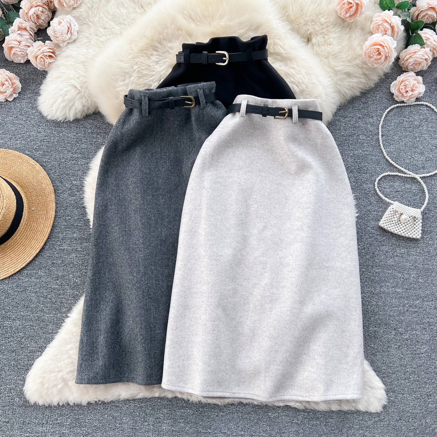 

Универсальная шерстяная юбка средней длины с высокой талией для женщин, осень и зима, новая модная однотонная офисная юбка миди с поясом для работы