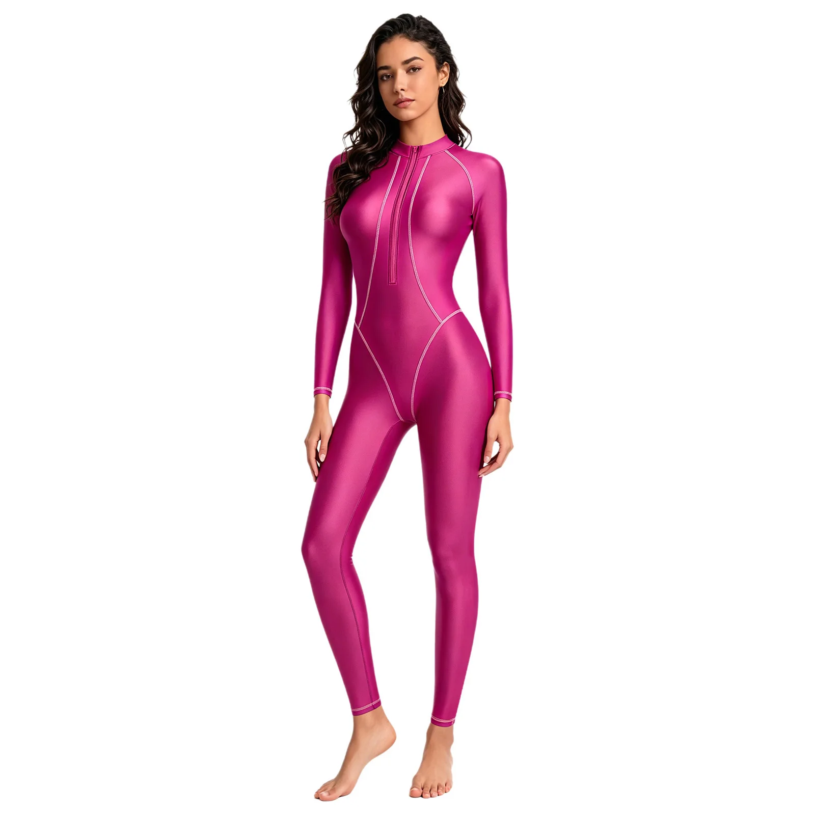 Womens Rash Guard Swimsuit Glossy Jumpsuit Wetsuit Swimwear One Piece Full-body Coverage Bathing Suit Long Sleeves Long Pants