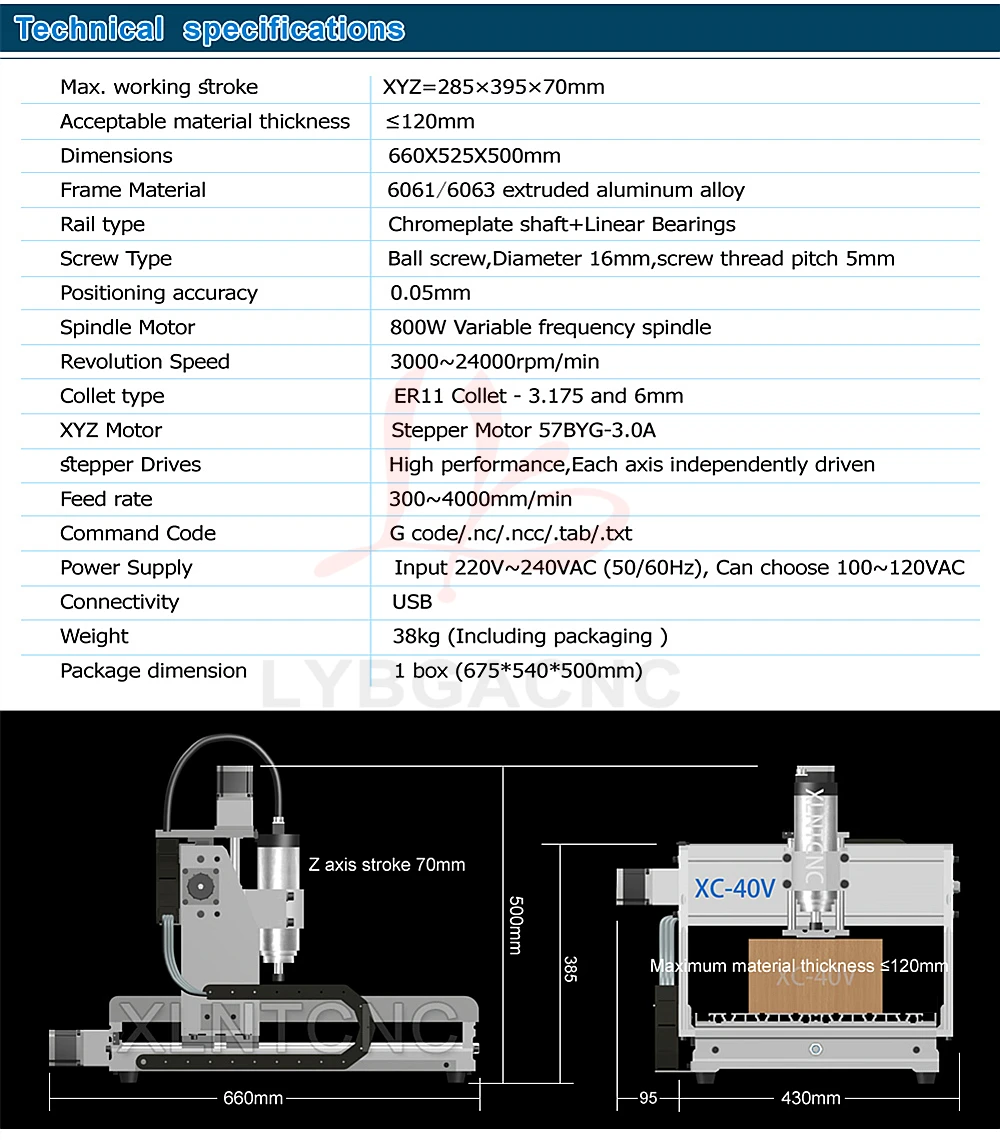 LYBGACNC XC-40V 조각기 3축 금속 목공 PCB 밀링 드릴링 800W 스핀들 USB 포트 전용 220V