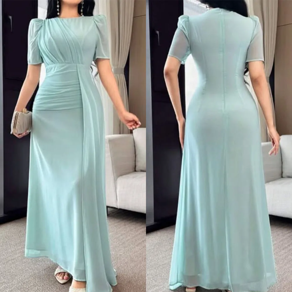 

High Quality Customized Ankle Length Tulle Pleat Short Sleeves Party Dresses Evening Dresses Robe Pour Mariage Invité Abiti