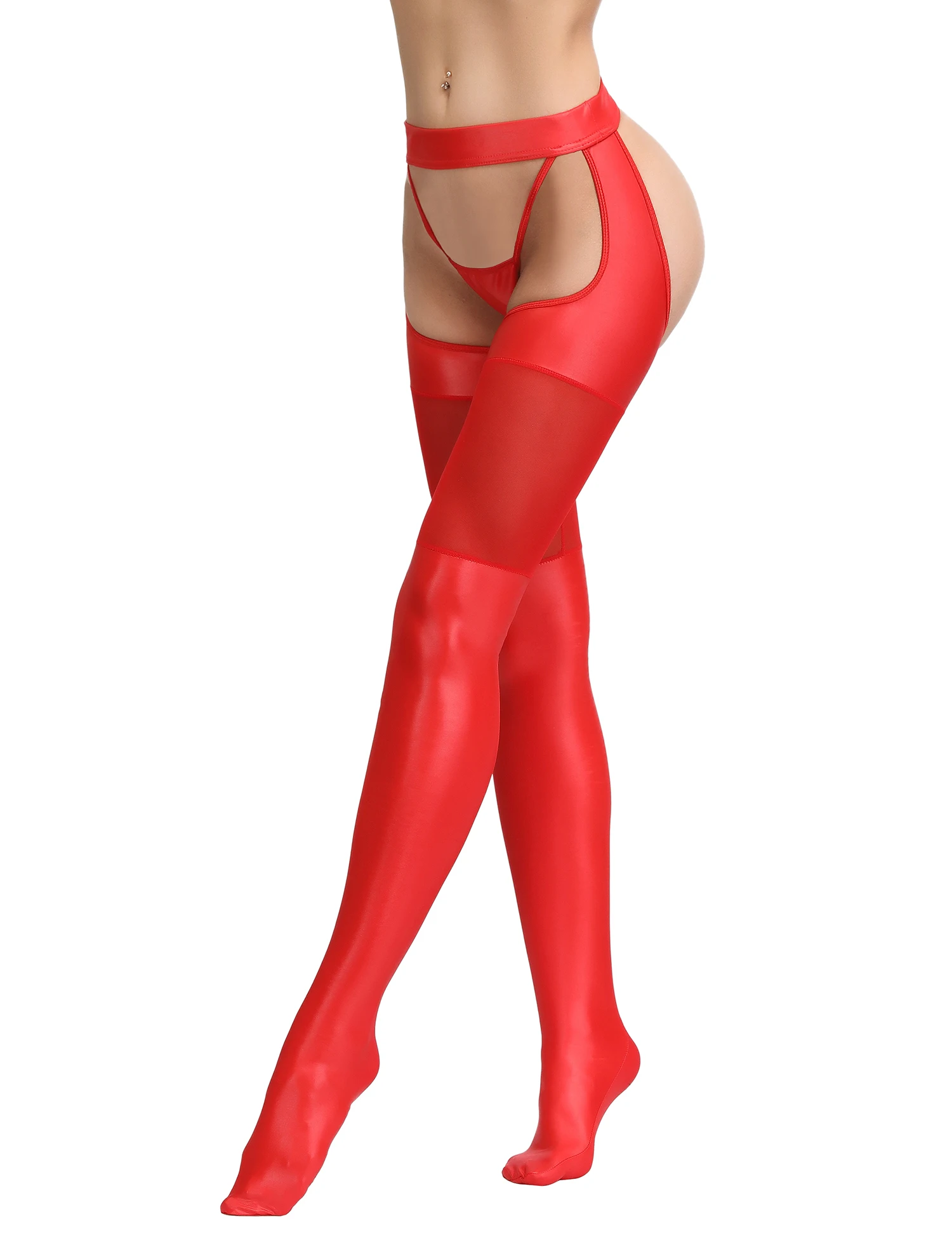 Comeondear Women\'s Sexy Faux Leather Pantyhose Night Club Tights Stretchy Legging Mesh High Thigh Hot Black Stockings for Female