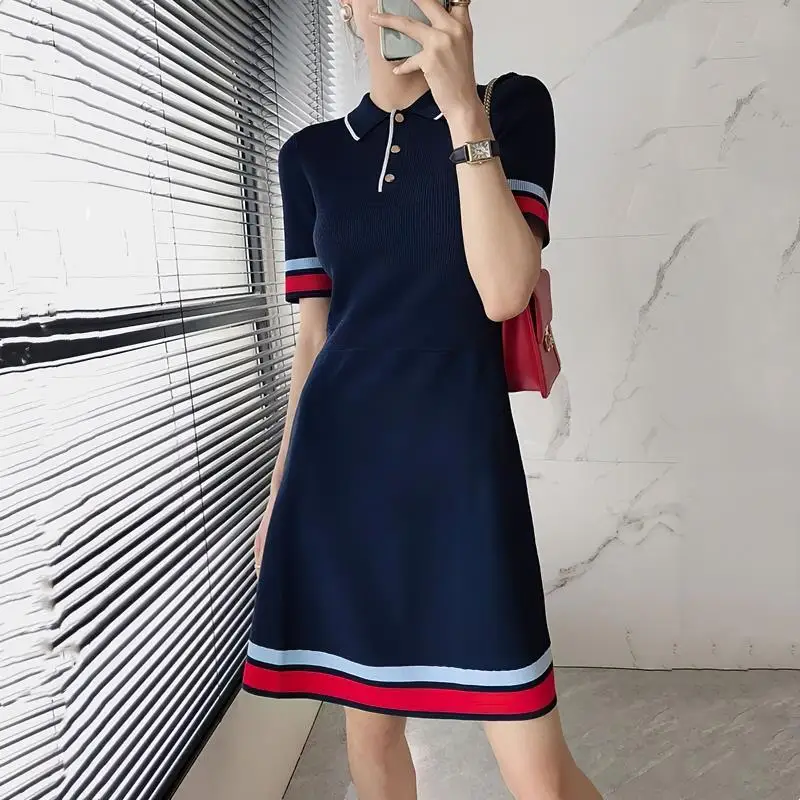 

Summer New Elastic Slim Polo Neck Knitted Short Sleeve Dresses Women Fashion Striped Commute Elegant Dress