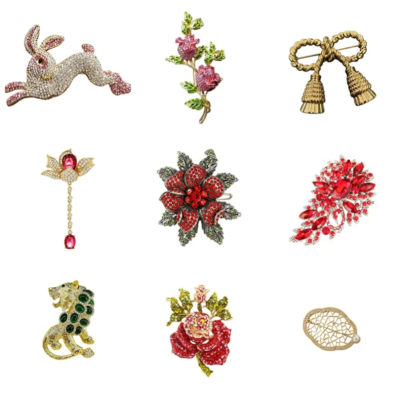 Various brooches: crystal rabbit, pink rose, tassel bow, lotus pendant, cluster of red flowers, blooming rose,