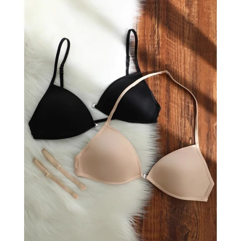 French Triangle Cup Underwear Women\'s Spaghetti Strap Beauty Back Halter Invisible Front Closure Bra Thin Section Traceless Bra