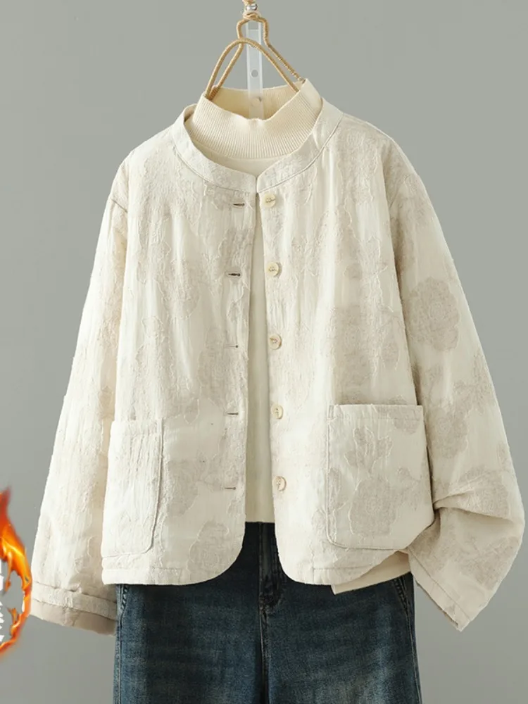 

New National Sle Thiened Cotton Flax Zen Inspired Embroidered Jaet Women's Winter Warm Spwear Loose Fit Coat