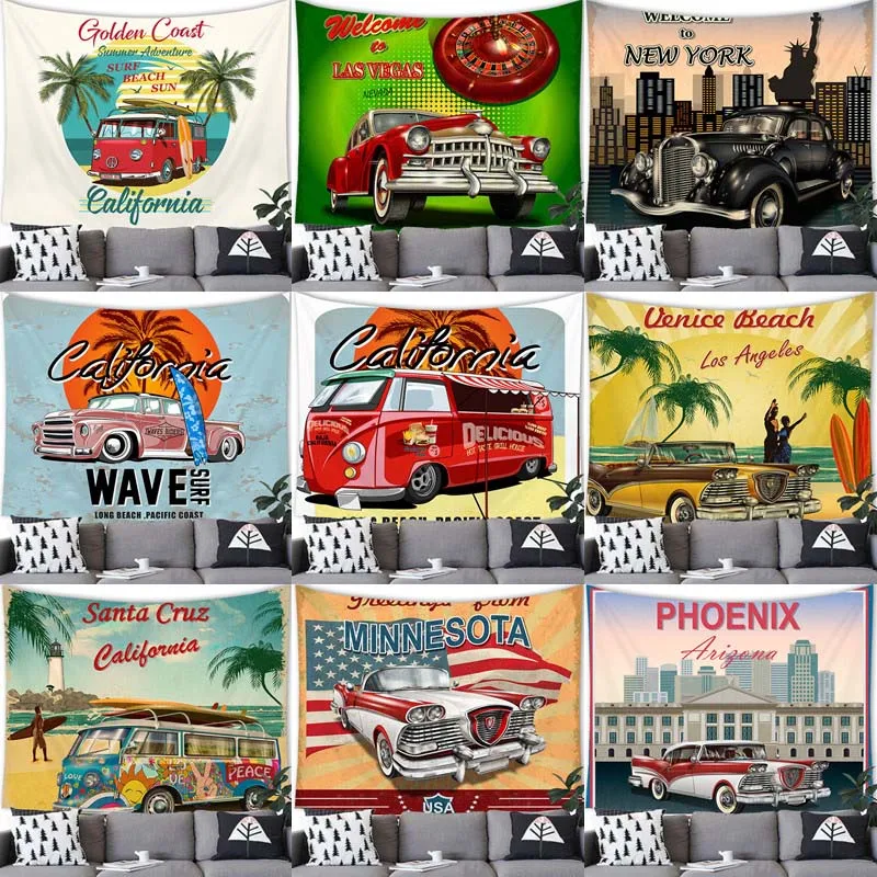 Мультяшный Ретро гобелен для автомобиля, настенный Ретро Декор для автомобиля, гобелен вечерние, украшение для дома, фон, ретро автомобиль, Настенный декор