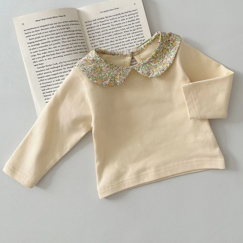 2024 New Spring Infant Baby Girl T-shirt Newborn Baby Girls Pullover Long Sleeved Cotton Printing Splicing Children Clothing