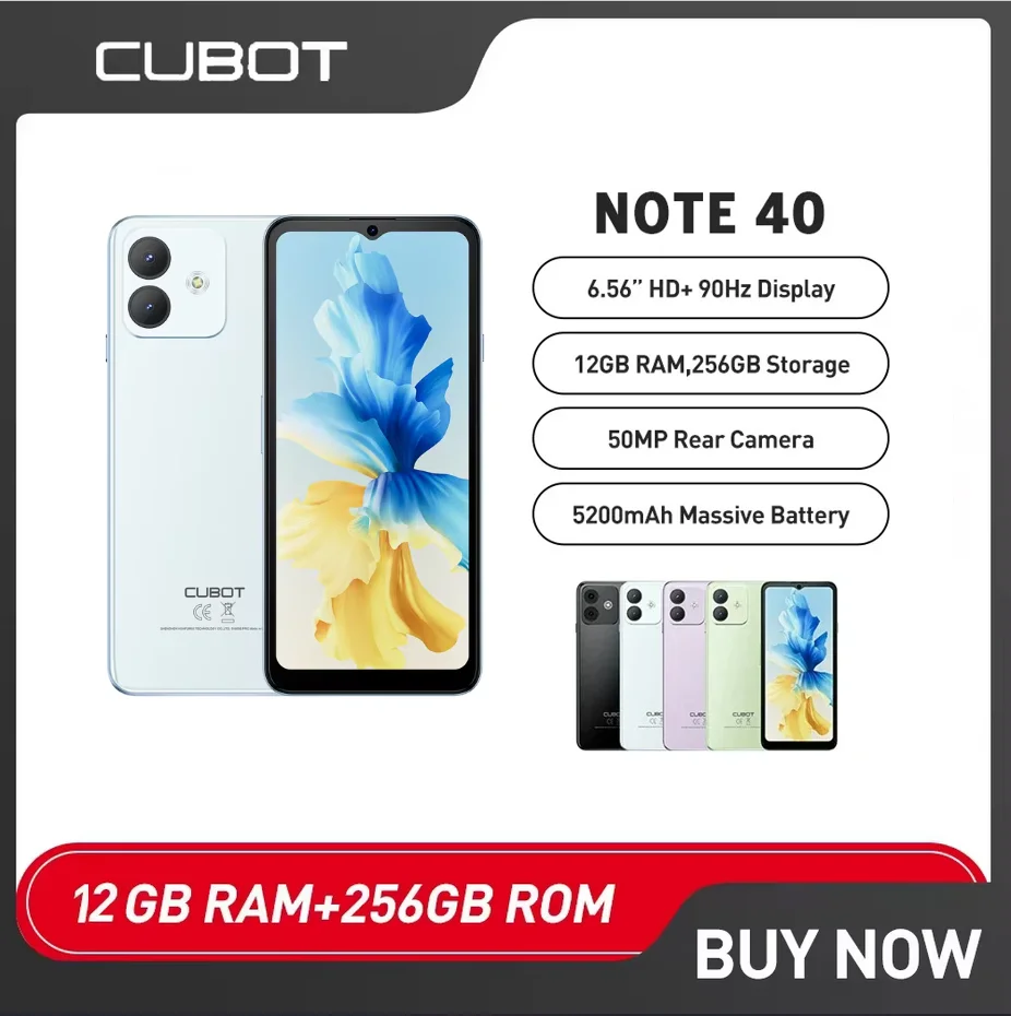 Cubot Note 40 Smartphone, 12GB RAM (6GB+6GB Extended) + 256GB ROM, 50MP Main Camera, 6.56