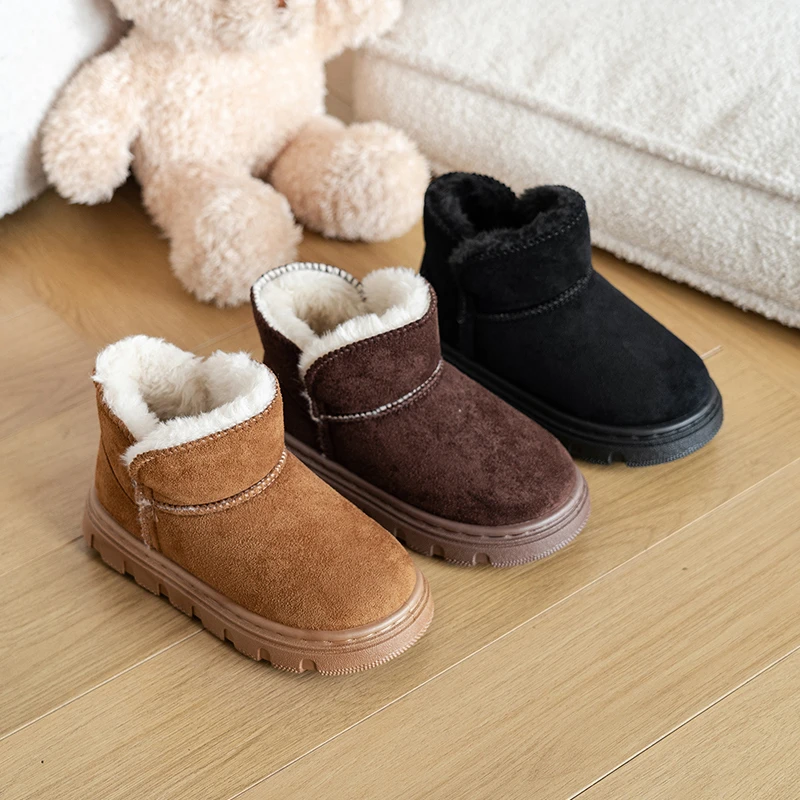 

Children Snow Boots Suede Warm Korean Style Kids Short Boots Soft Sole 2025 Winter New Boys Girls Ankle Boots Round Toes Fashion