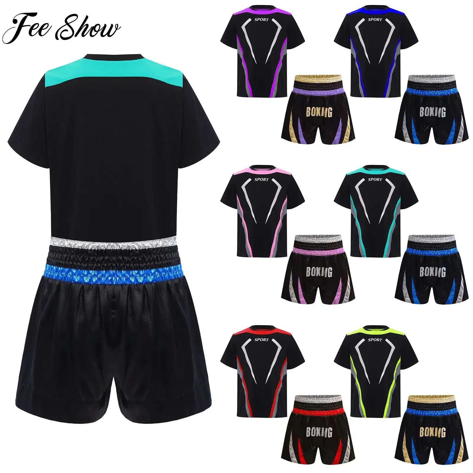 

Boys Boxing Costume Outfit Martial Arts Training Suit Short Sleeve Sports Top Muay Thai Shorts Set for Halloween Cosplay Party