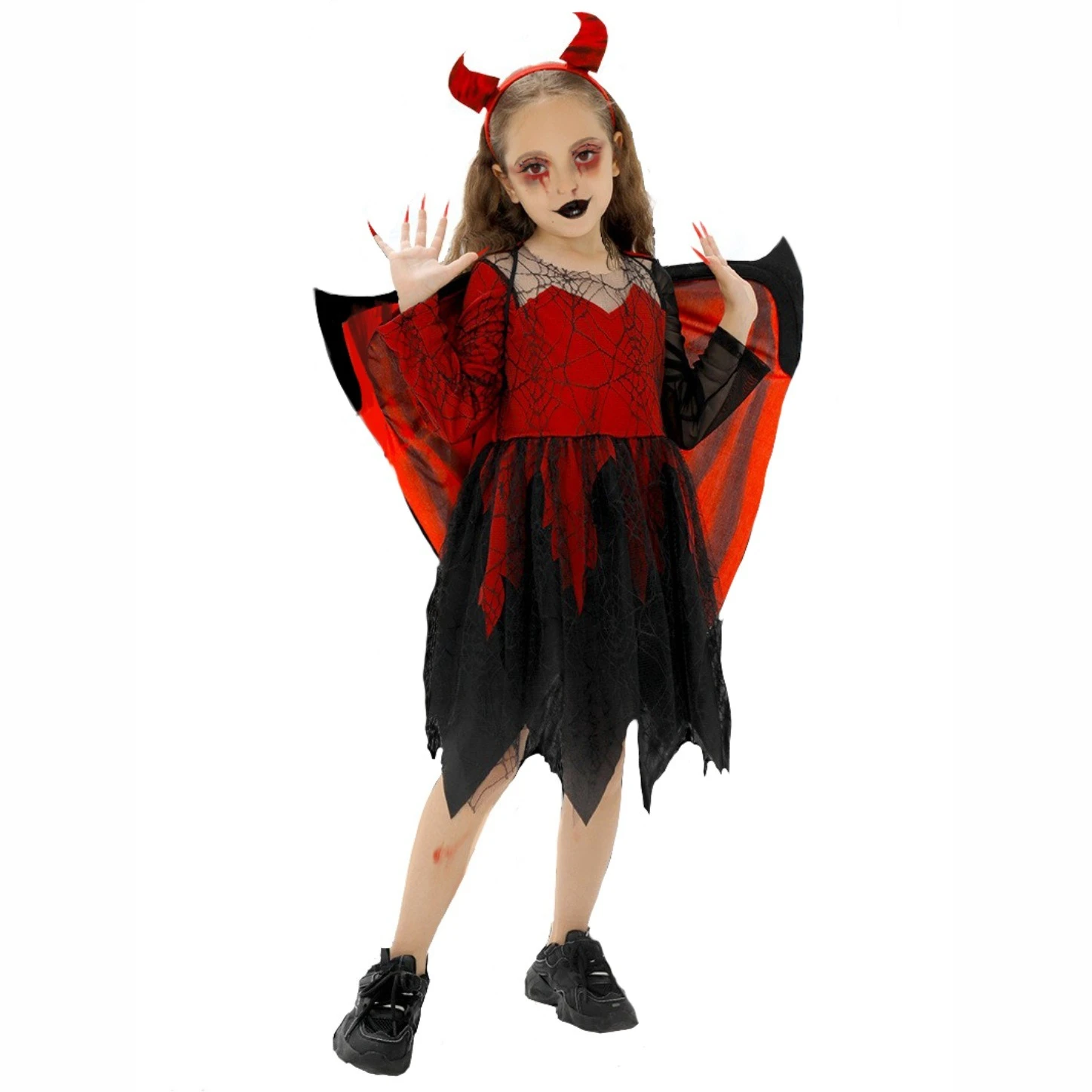 Boys Girls Red Devil Halloween Costumes Children Spider Web Bat Witch Cape Dress Jumpsuit Kids Carnival Party Role Playing Set