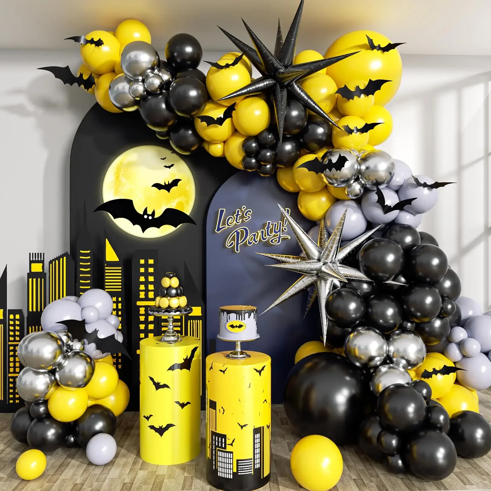 Bat Theme Man  Starburst Balloons  Baby Shower Birthday Party Decorations Black Yellow Silver Balloons Arch Garland Kit