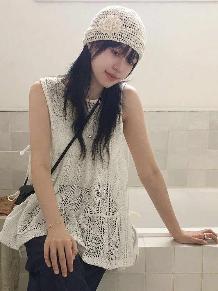 Chic Lace Embroidery Side Bowtie Women's Vest Top Summer Unique Design Sensation Layered Upper Body Korean Style Bubble Sleeve view 2