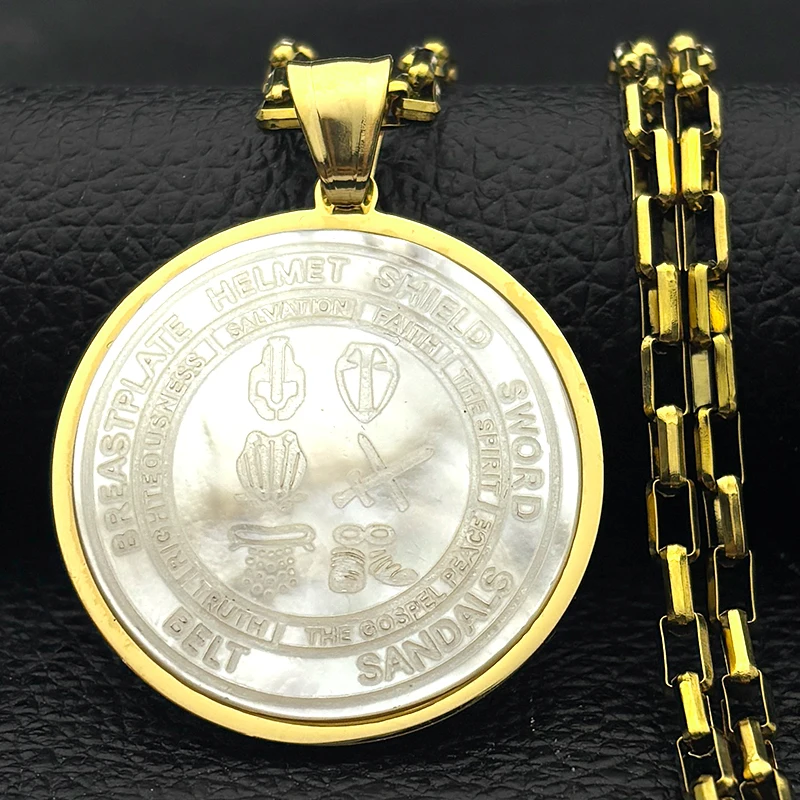 ทั้งเกราะของพระเจ้า Shell จี้สร้อยคอสําหรับหญิงชายสแตนเลส Talisman คริสเตียน Spiritual เกราะป้องกันเครื่องประดับ