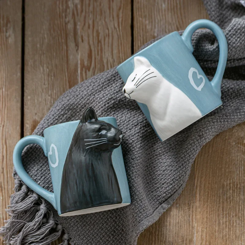 Makeup Valentines Day Cat Cartoon 3D Water Couple Cup Set Ceramic Cup Exquisite Family Coffee Table Kitchen Decoration