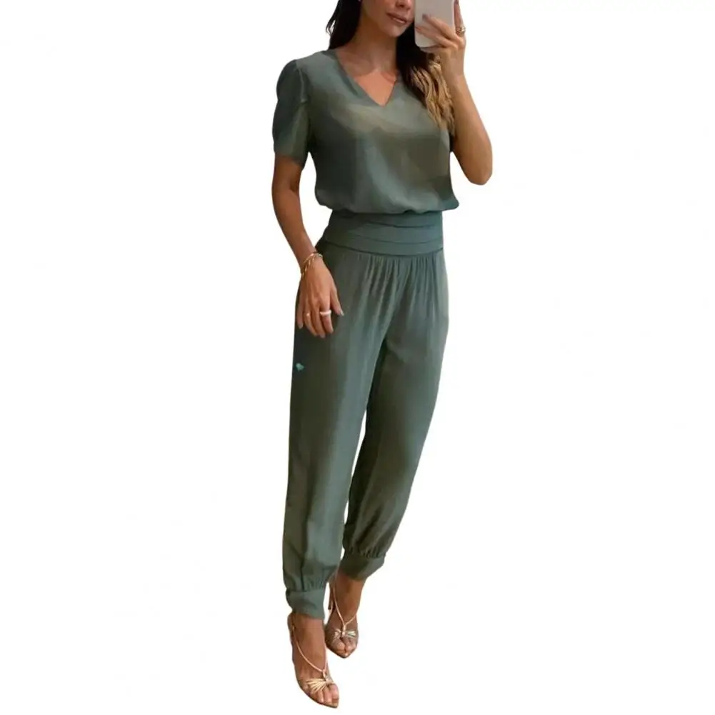 2Pcs/Set Women Outfit V-neck Short Sleeve Lady Outfit High Waist Pockets Outfit Cropped T-shirt Wide Leg Pants Set Streetwear