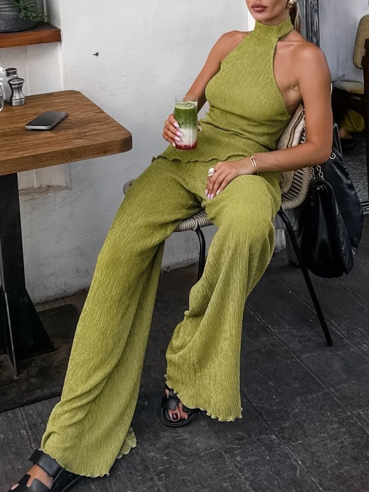 

Casual Slim Pants Set Women 2025 Summer Elegant Vintage Sleeveless Backless Tank Tops+High Waist Wide Leg Pants Two Piece Sets
