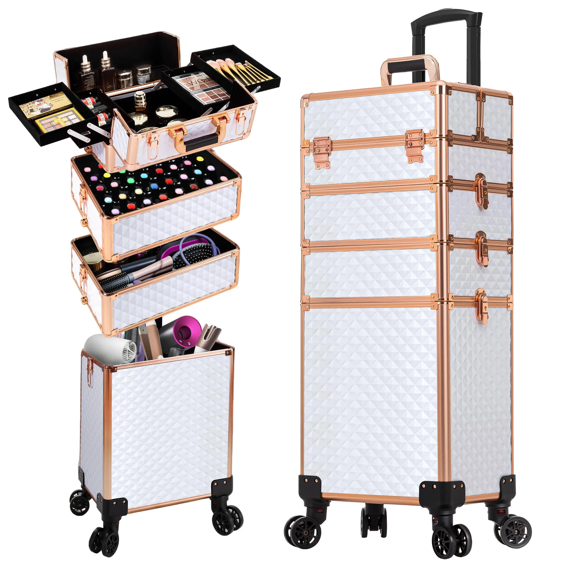 

Rolling Makeup Trolley Case Detachable 4 in 1 Aluminum Alloy Train for Nail Manicure on Wheels Lock Salon Traveling Cart Trunk