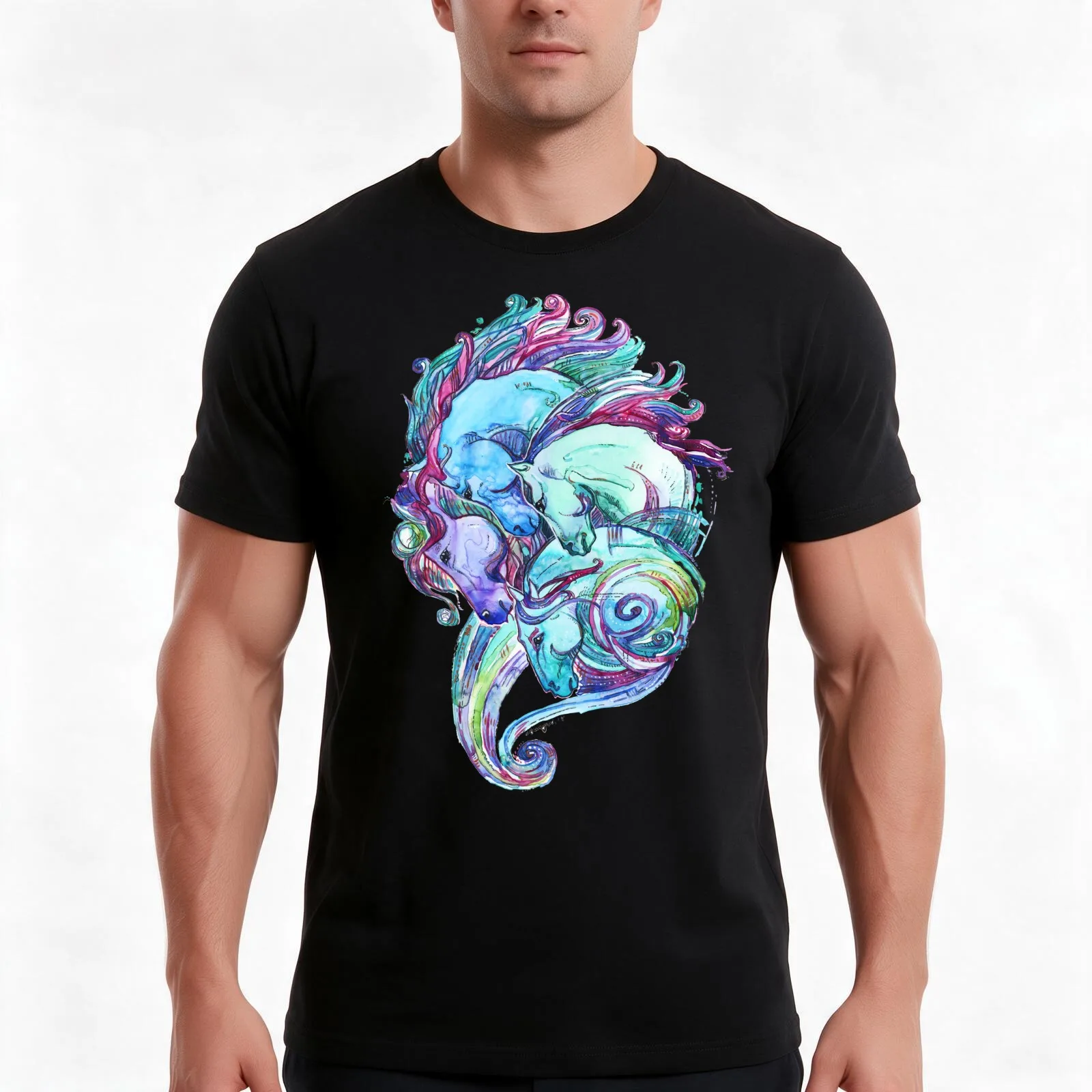 Sea Stallions T-Shirt, Summer Casual Cotton Tee, Oversized Streetwear Tops, Vintage Graphic Print, Loose Fit Short Sleeve