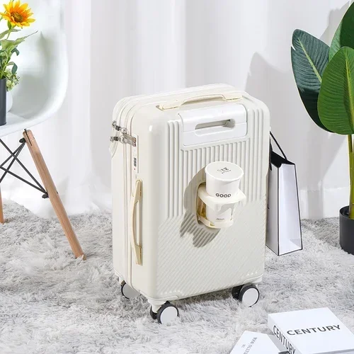 Fashion Front Opening 20 22 24 26 Inch Boarding Suitcase Travel Suitcases with Wheel ABS+PC Rolling Luggage Case with Cup Holder