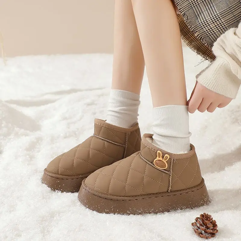 Winter Round Toe Chunky Leather Women's Snow Boots Waterproof Plush Warm Ladies Shoes Non Slip Trend 2025 Goth Comfortable Ankle