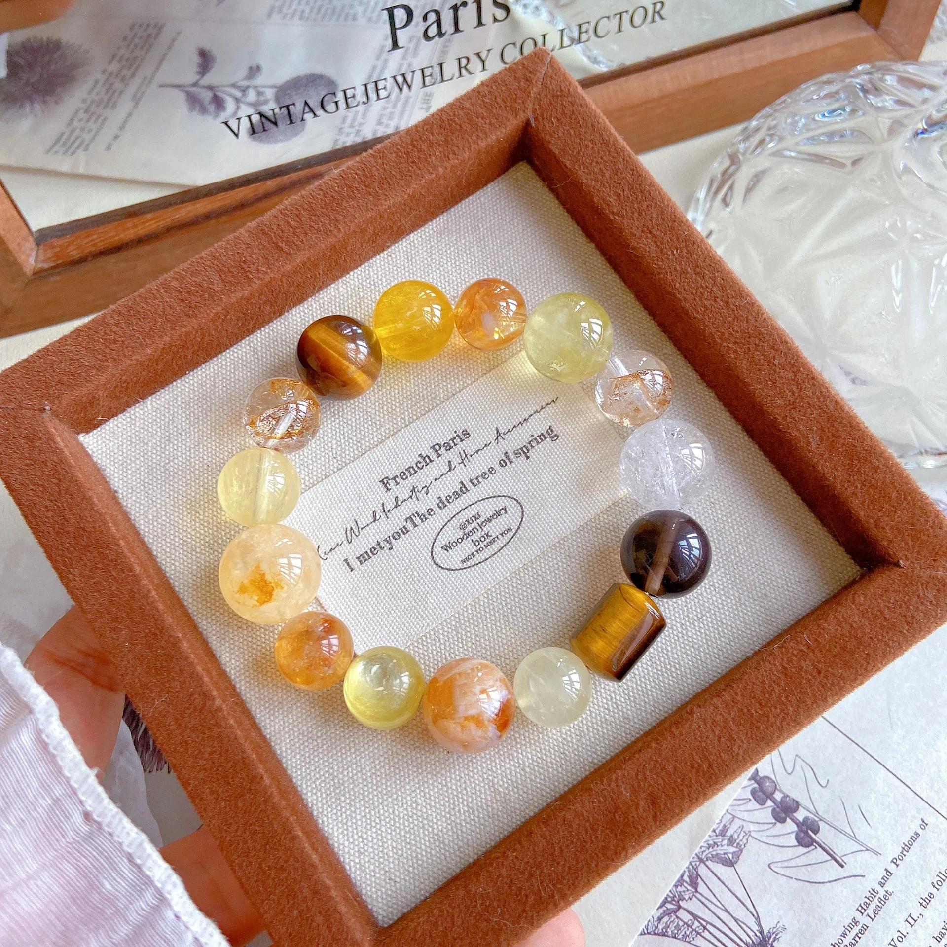 Chinese Style Lucky Good Fortune Blessing Wealth Attracting Natural Tiger Eye Stone Gold Foil Glue Flower Citrine Lepidolite 12