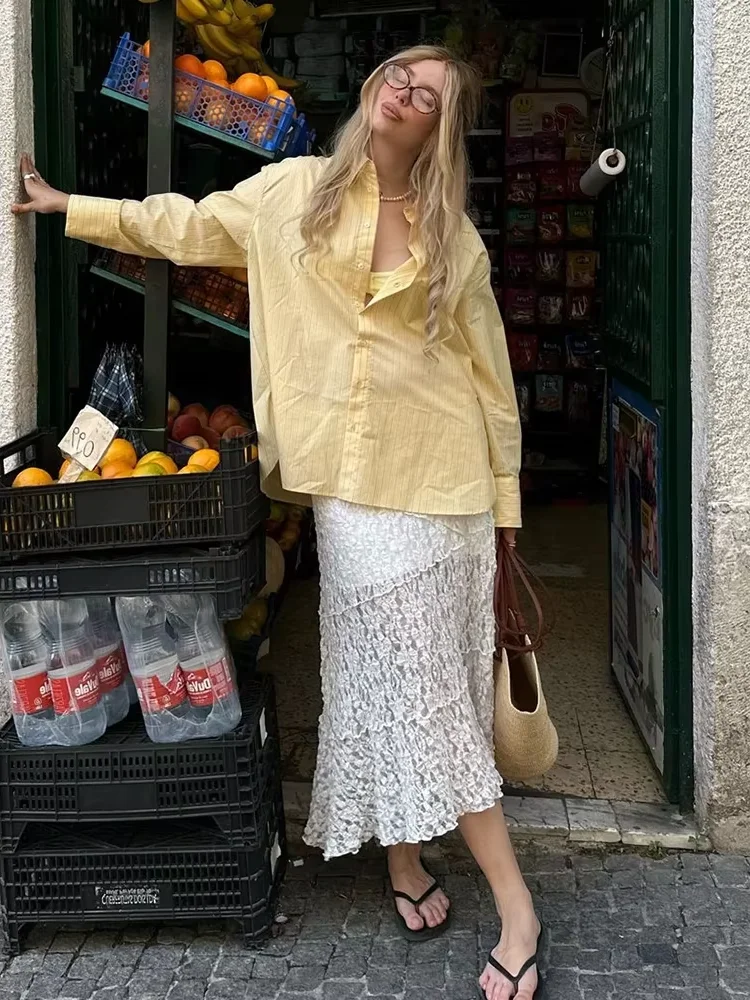 Gestreept Revers Kraag Shirt Dames Modieus Single-breasted Lange Mouwen Split Zoom 2025, Nieuwe Zomer Nieuwe Vrouwelijke Chic Shirt