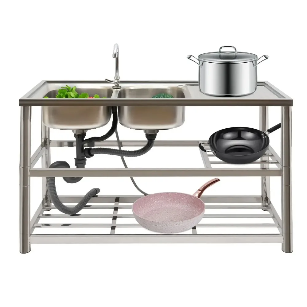 

Stainless Steel Kitchen Sink 2 Basins 3 Tier Freestanding Sink Stainless Steel Kitchen Sink with Tap Gastro Sink for Kitchen