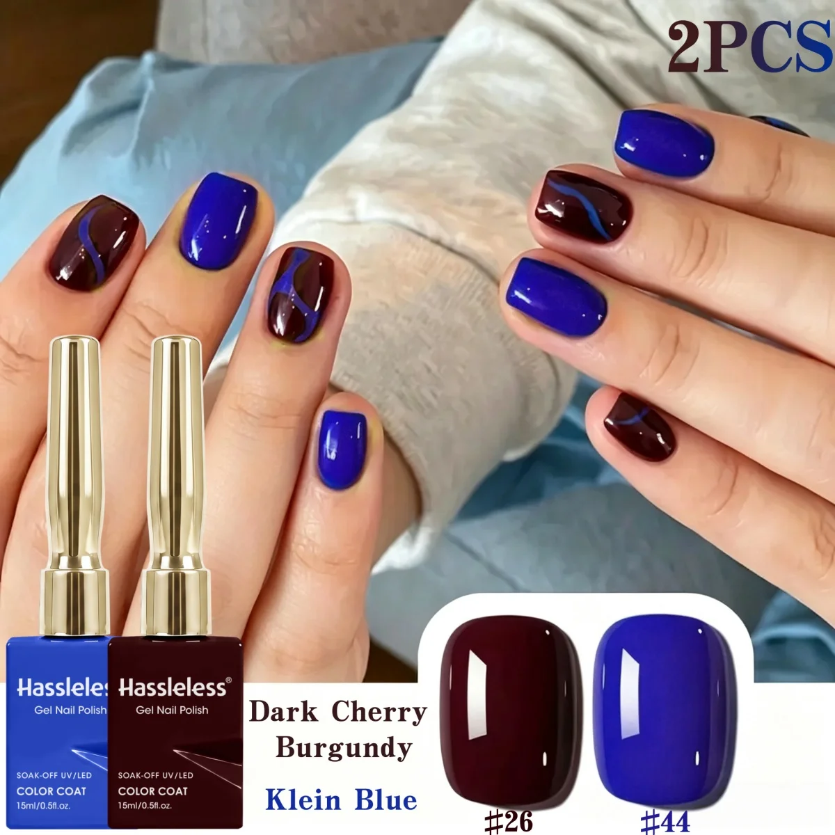 Hassleless 2-Color Nail Polish Gel Set in Deep Cherry Wine Red and Klein Blue, Removable Uv-Led Nail Gel, Single Bottle of 15ml, Suitable for Professional Nail Salons and Home DIY Nail Care, Providing a Shiny and Long-