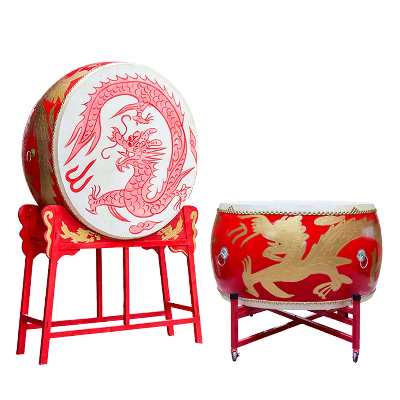 

Vertical Big Drum, Cowhide,Dragon War Chinese Red Majestic Gongs Percussion Instruments Adult Performance Drums