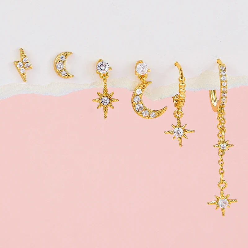 3/6 قطعة فضية اللون ستار سلسلة استرخى أقراط للنساء تشيكوسلوفاكيا زركونيا ثقب القمر إسقاط أقراط امرأة مجوهرات الأزياء الإكسسوار