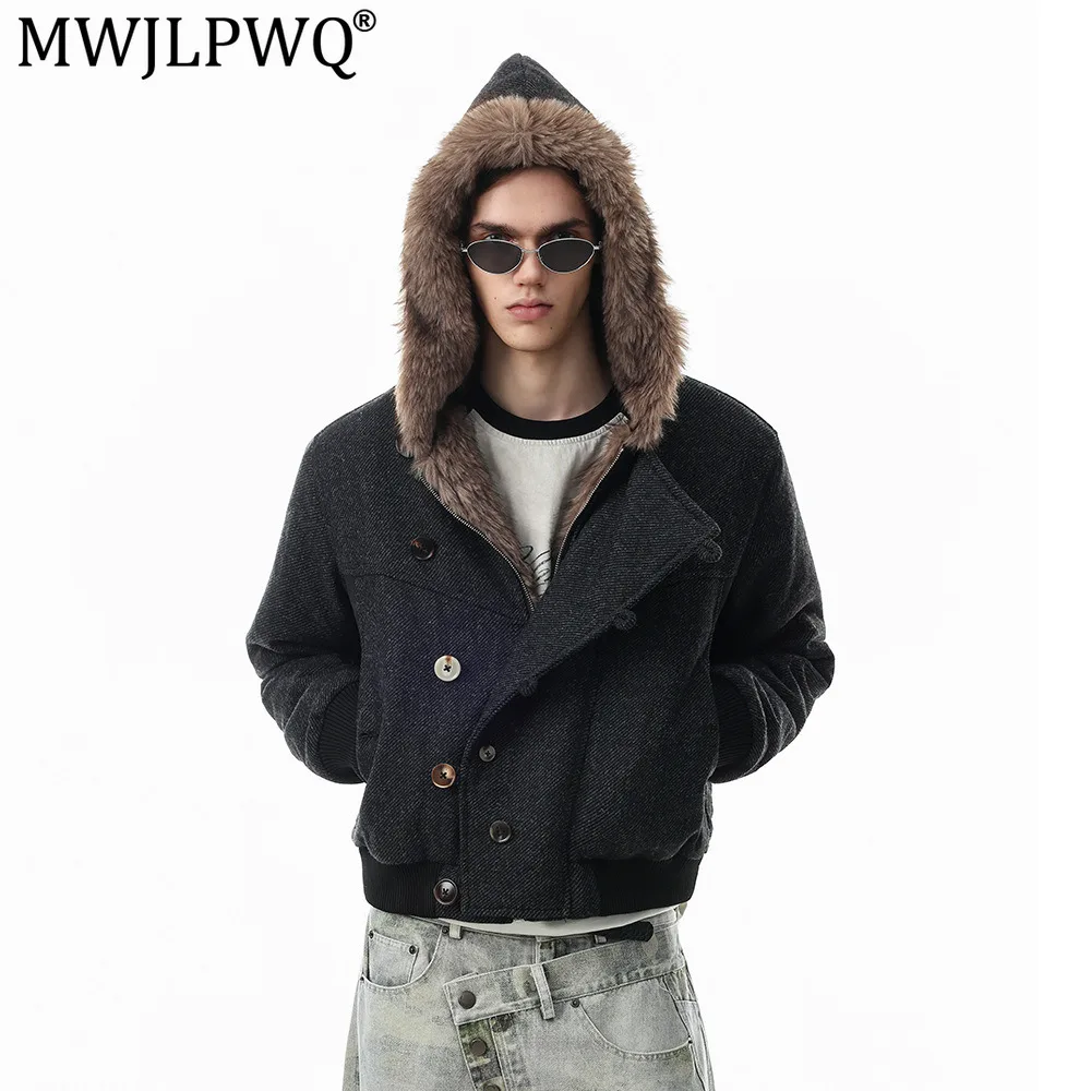 MWJLPWQ Men's Winter Trendy Punk-Style Hooded Cotton Jacket Faux Fur Collar Button Design Asymmetrical Placket Tops Chic 21342