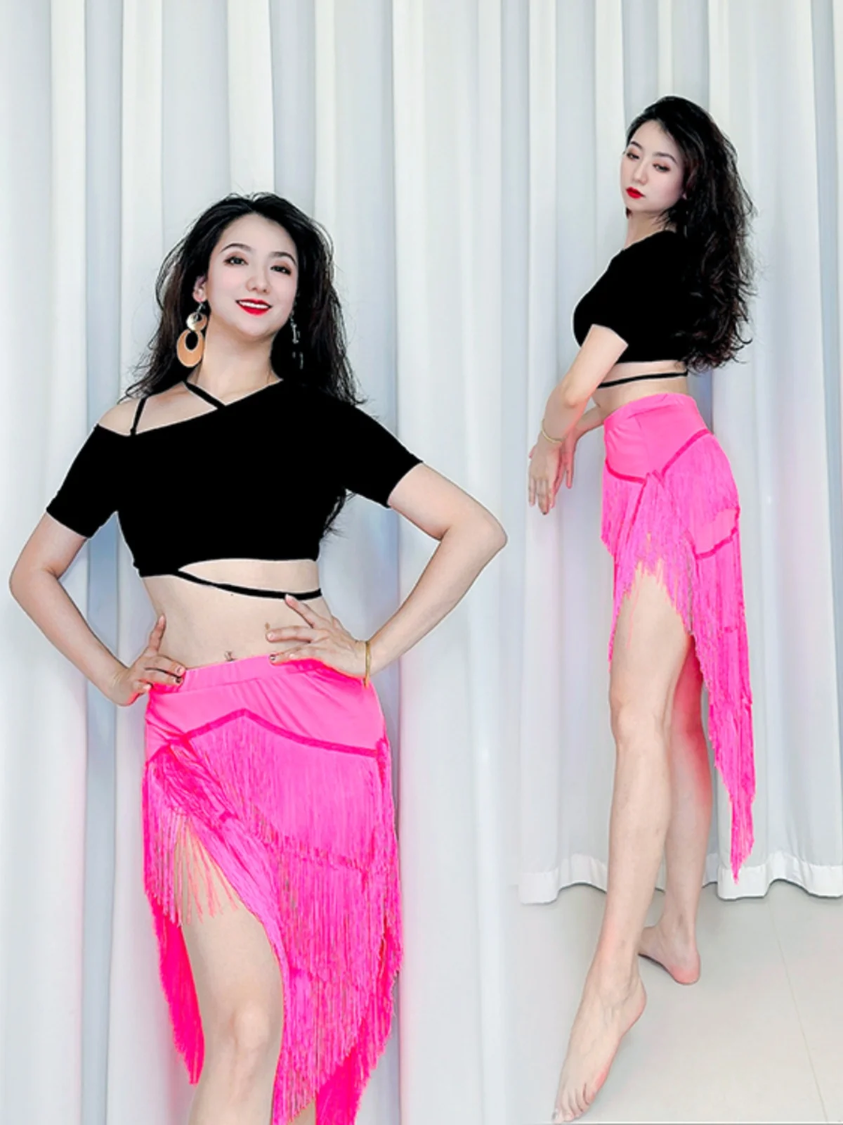 Costume d'entraînement de danse du ventre avec pompon rose Fluorescent, Sexy et polyvalent, tenue de spectacle sur scène, tissu Modal Fusion Sle pour femmes