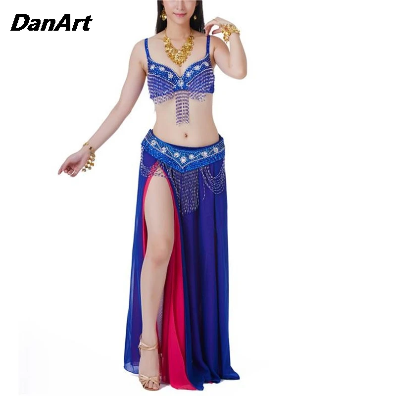 Trajes de dança do ventre feminino dança do ventre high-end palco desempenho traje conjunto senhoras prática de dança roupas sexy sutiã/blet/3 pçs