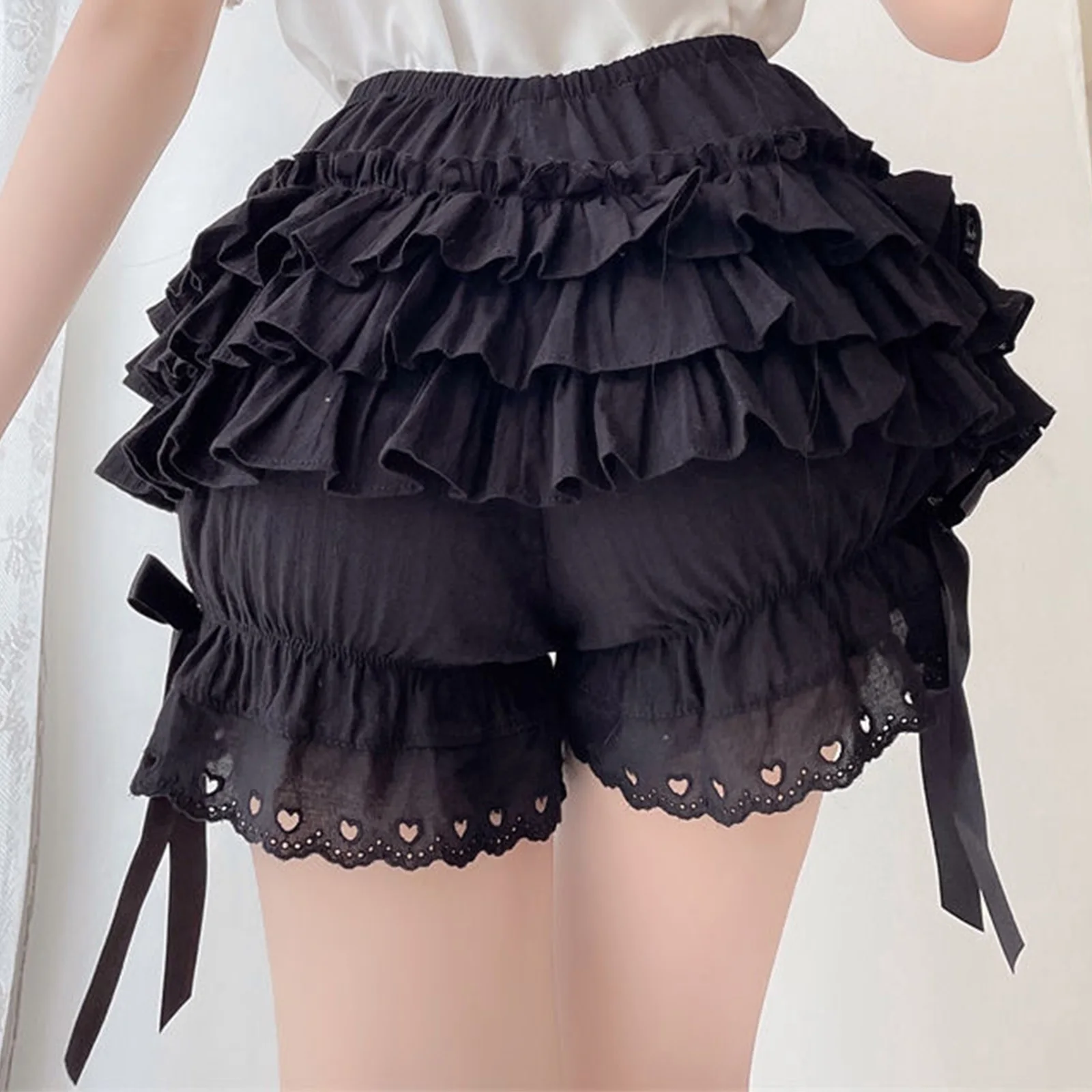 Women Cute Tiered Frilly Bloomers Shorts Bowknot Ruched Culottes Maid Cosplay Sweet Kawaii Shorts for Halloween Masquerade Party