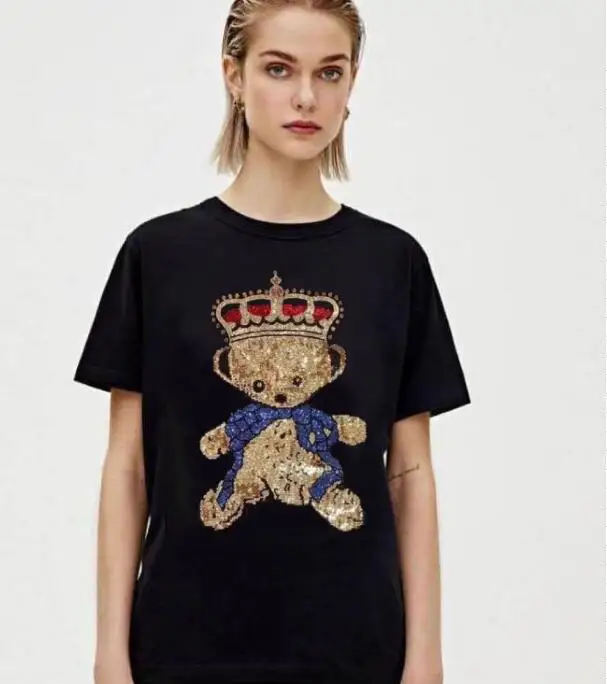 

2025 футболки с короткими рукавами и круглым вырезом, женская летняя одежда, модная хлопковая футболка с медведем и бриллиантами 100, женская повседневная футболка Femme