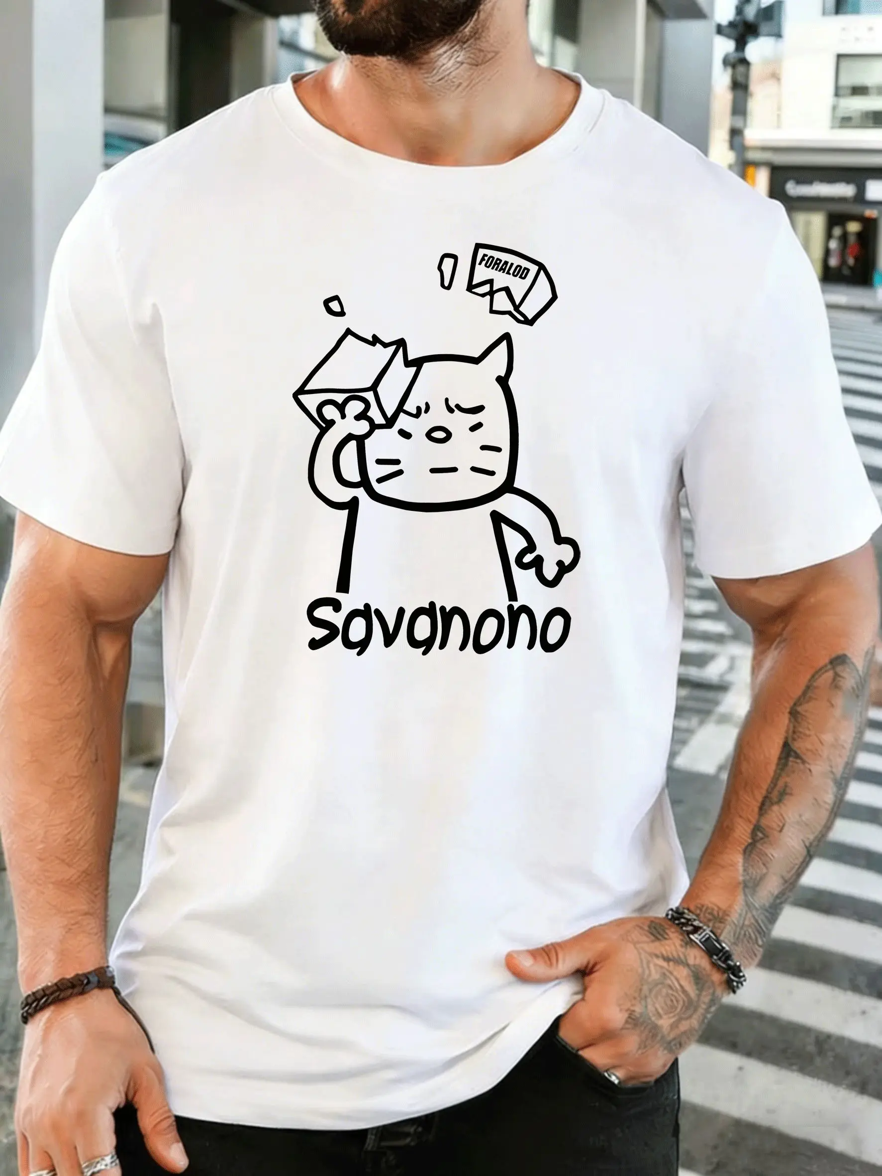 Mens Simple Line Drawing Cat Savanono Print Crew Neck Short Sleeve Light Cotton Street Style Daily Casual Tees For Adult Male