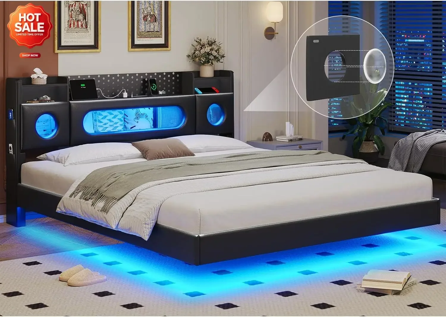 California King Bed Frames,Cal King Bed Frame with Hidden Storage Headboard | Floating Bed Frame with LED Light, Charging Statio