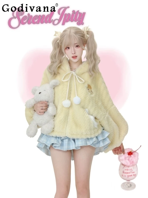 

Осень 2022, новое зимнее милое молочно-желтое плюшевое пальто с капюшоном для девочек, свободное теплое универсальное пальто на молнии для женщин