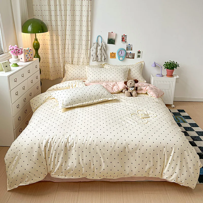 4PCS Cream Black Dot Bedding Set Tiny Polka Dot Duvet Cover Set with Pillowcases Soft Breathable Bed Linen for All Seasons