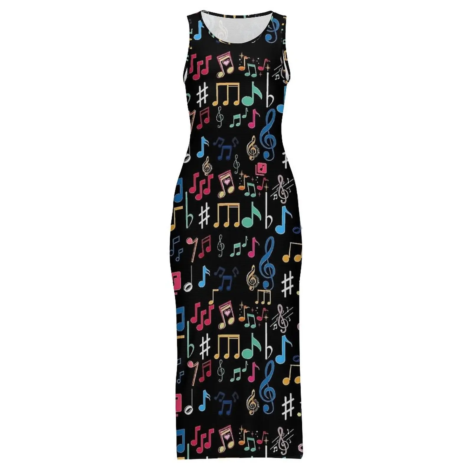 Damska Kolorowa Sukienka z Nadrukiem Nut Muzycznych, Sukienka Bodycon w Stylu Ulicznym, Wiosenna Sukienka Maxi Bez Rękawów, Urocza Sukienka Maxi z Wzorem, Oversize Vestido
