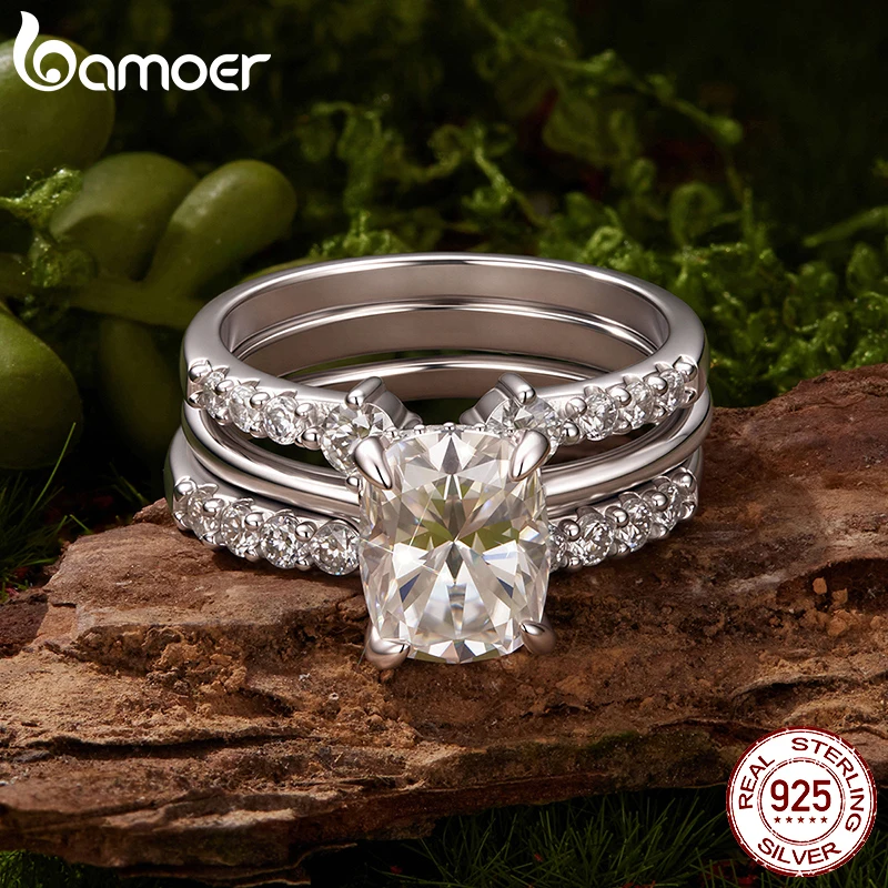 BAMOER 3CT Moissanite Ring Cushion-Cut 925 Sterling Silver VVS1 Classic Eternal Stackable Ring for Women Engagement Wedding