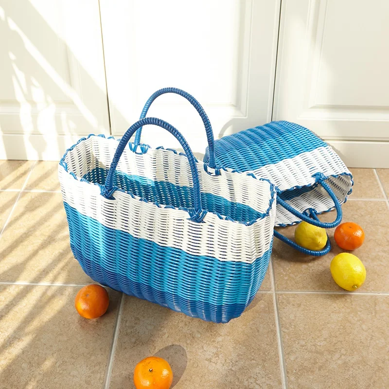 Large Handheld Plastic Woven Storage Basket, Picnic Fruit Basket, Supermarket Shopping Storage Bin, Decorative