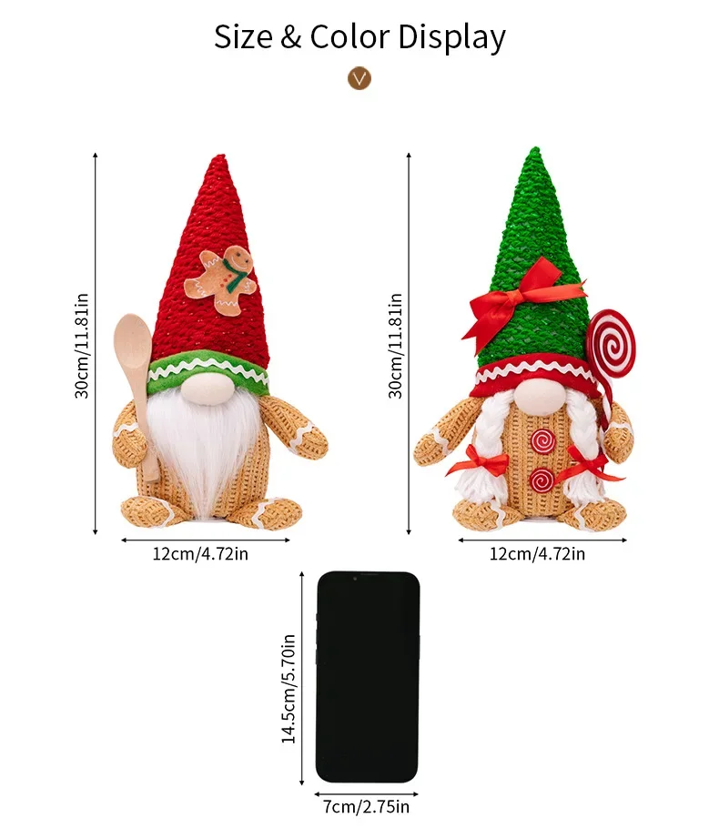 Haobei topi dekorasi Natal pria, hiasan kue jahe biskuit bercahaya merah dan hijau dengan boneka ringan