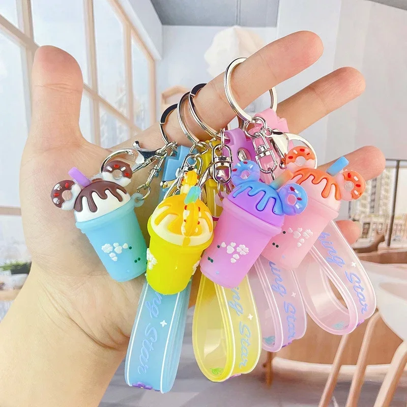 Car Keyring Creative Popular Simulation Ice Cream Milk Tea Cup Car Keychain Accessories Decoraion Ice Cream Cup Keychain Pendant