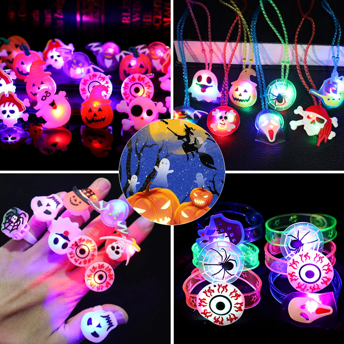 Halloween Glowing Ring Bracelet Necklace Happy Halloween Decoration for Kids Cute LED Flash Pumpkin Ghost Gifts Party Supplies