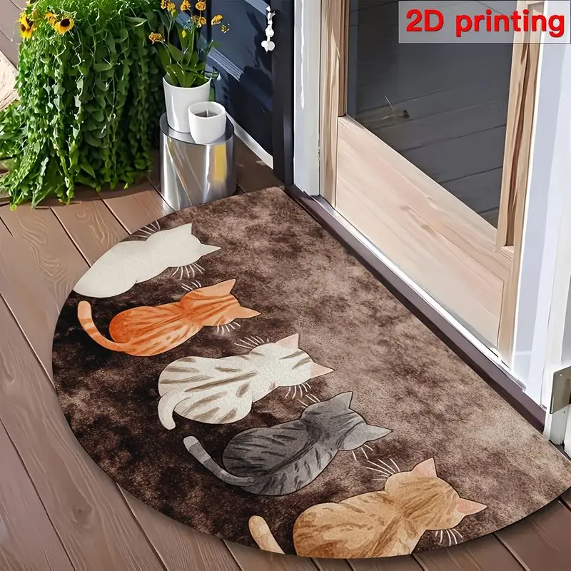 VIKAMA Five Cats Back Half Round Rug Brown Print Non Slip Mat For Entryway Bedroom Bathroom Pet Lover Kawaii Decor